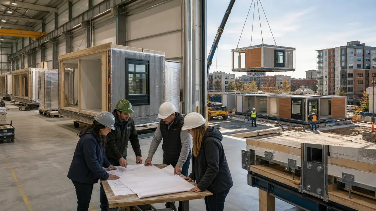 Project team reviewing plans between modular housing production and an urban installation site