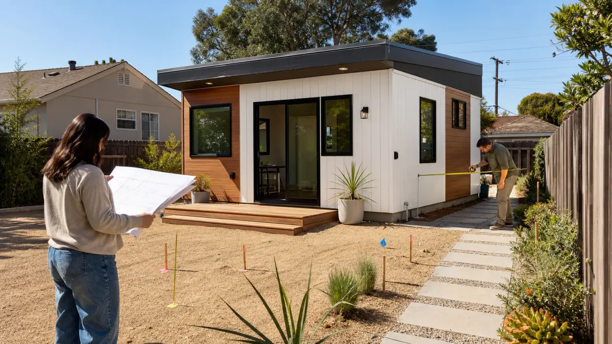Modern backyard ADU in California while site professionals measure the parcel and review a plan