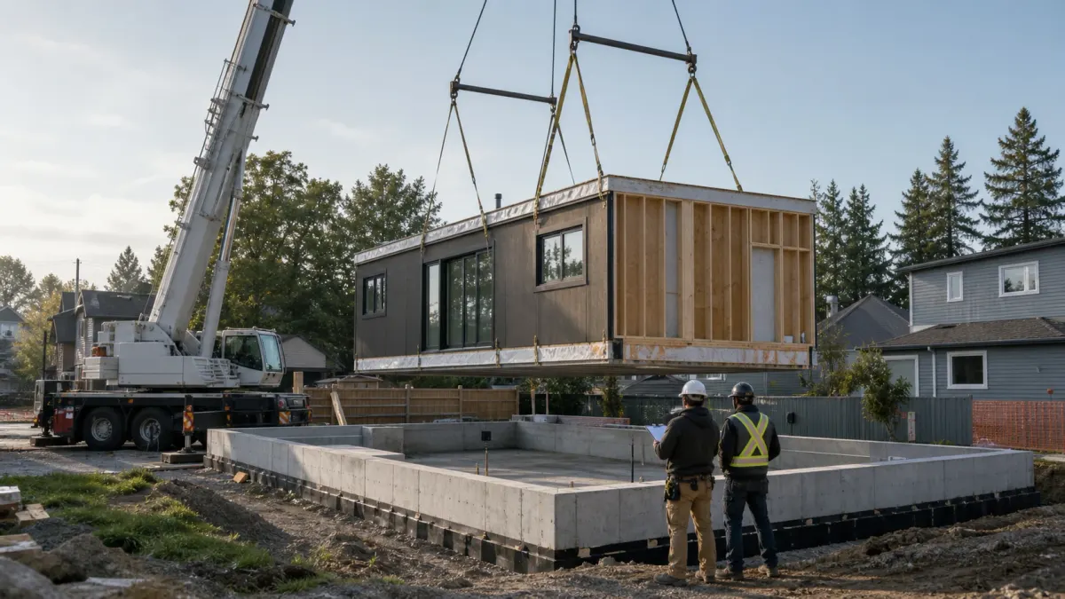 Factory-built home module lifted above a prepared foundation while a site team reviews milestone documents