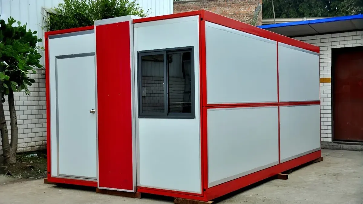 Red-and-white folding container cabin in an outdoor project setting for campground resilience planning