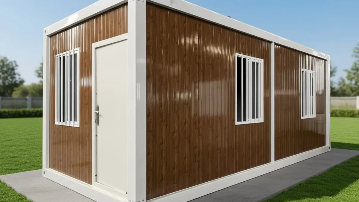 Wood-finished modular room module in a landscaped site for heat-season staff planning