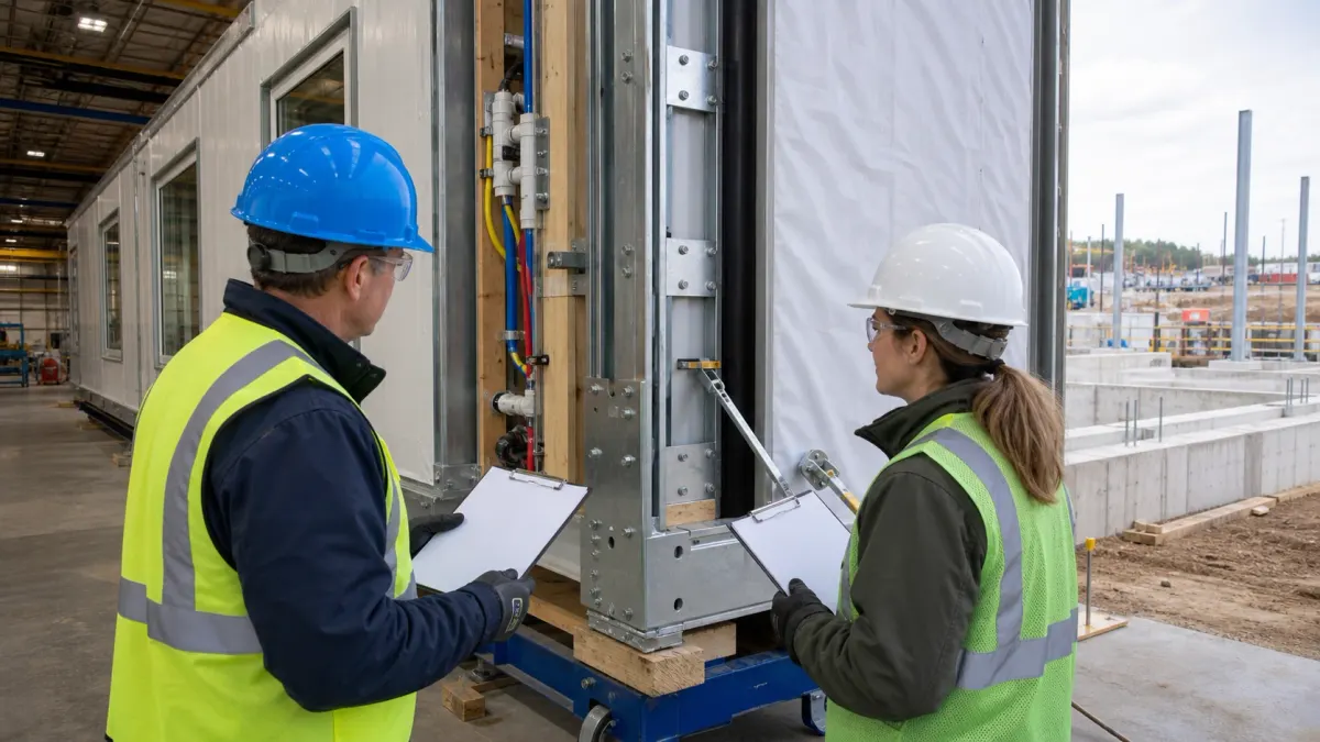 Factory inspector and site engineer reviewing structural and service connections on an off-site module
