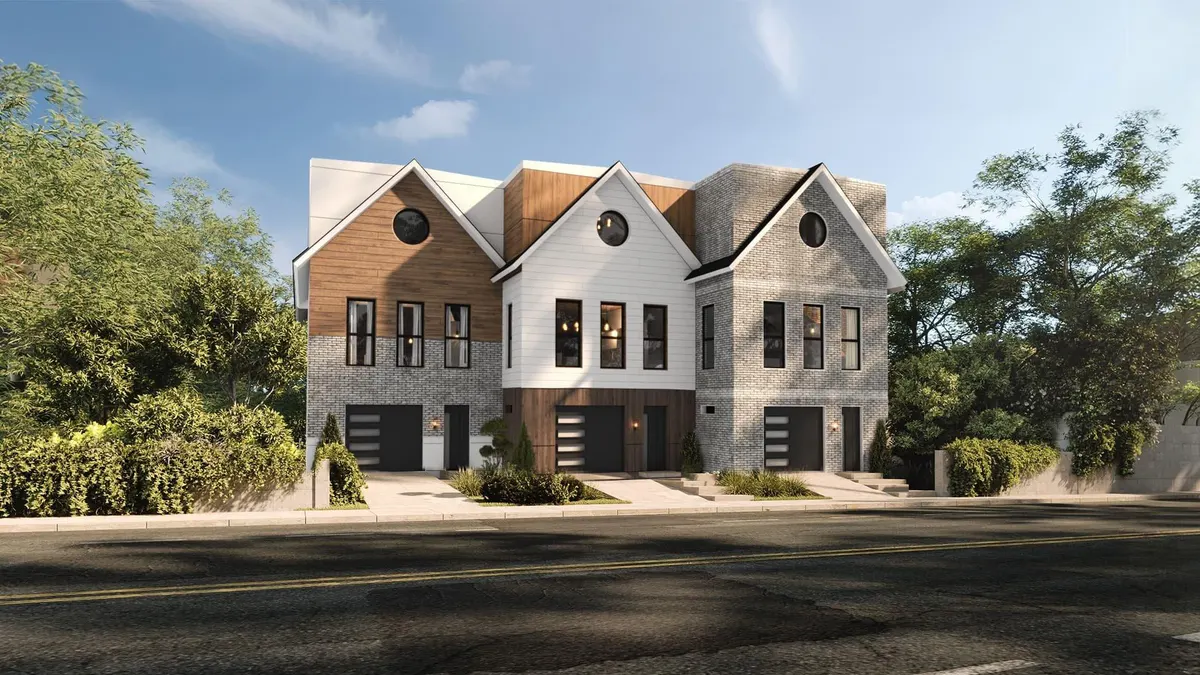 Large modular residential buildings in a landscaped neighborhood for legacy event planning