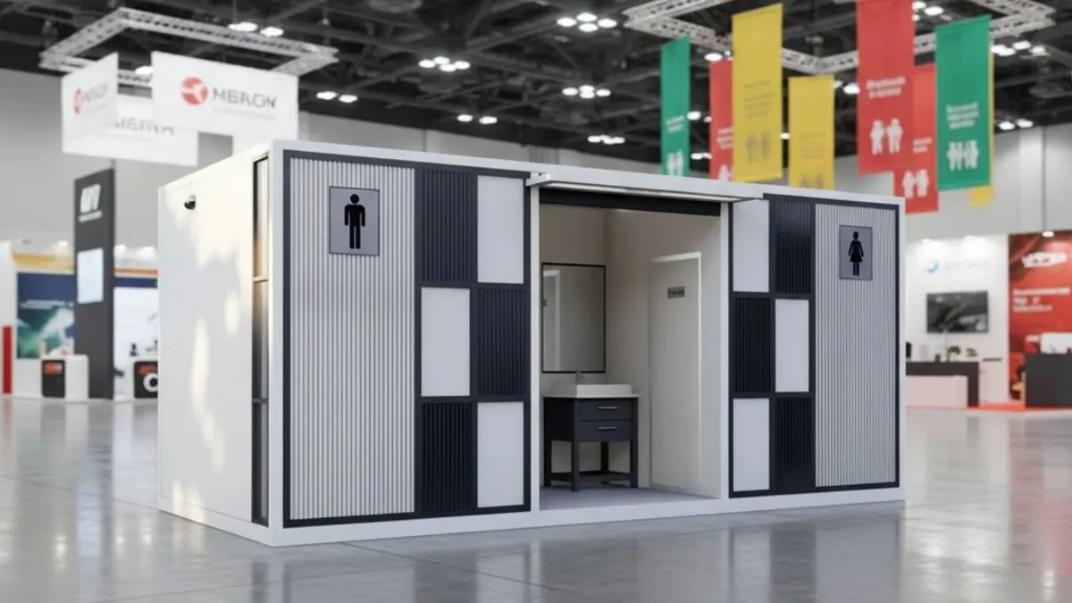 Portable sanitation cabin shown in a trade-show setting for event and workforce capacity planning
