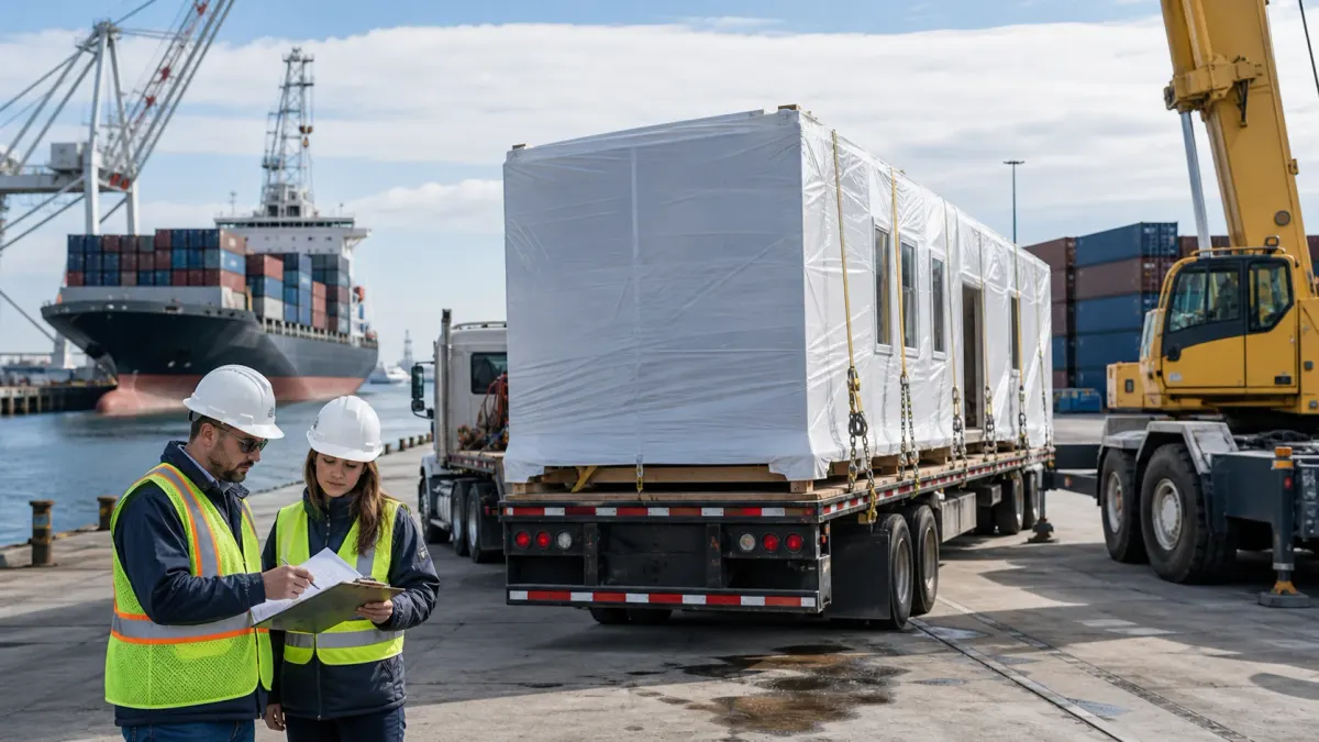 Wrapped building module on a truck at a cargo terminal while logistics professionals review documents
