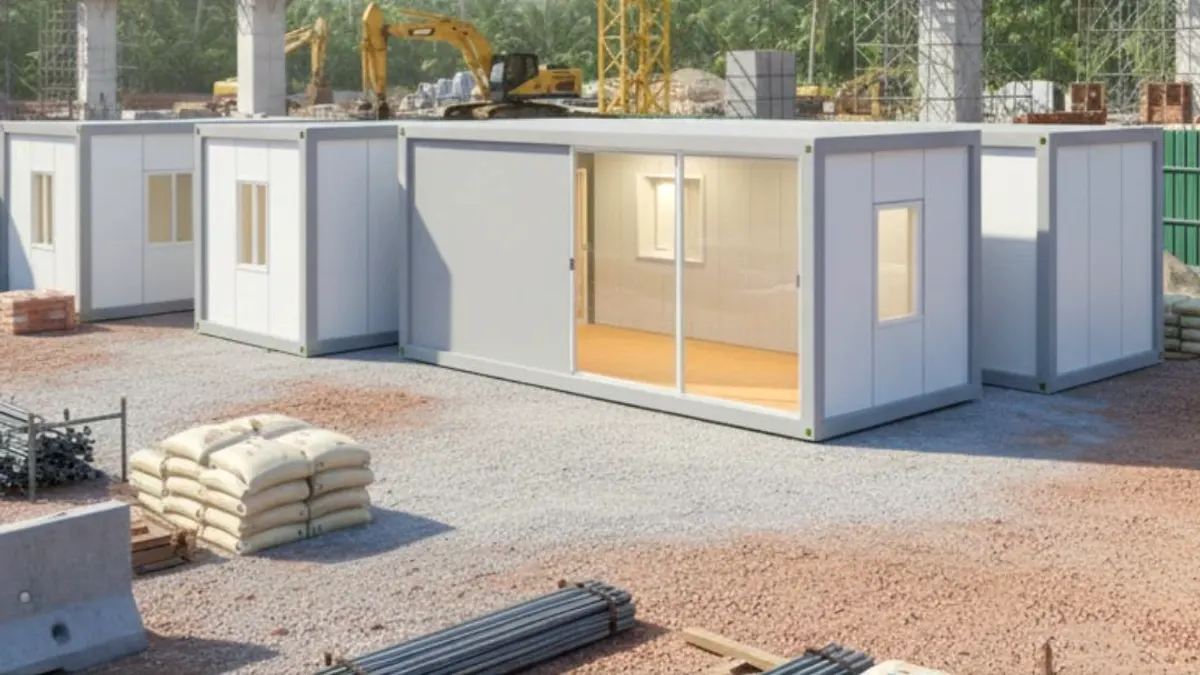 Modular workforce accommodation camp with shaded pedestrian routes and separated vehicle access