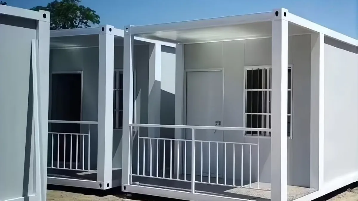 Modular cabin with a covered porch in a landscaped site for housekeeping planning