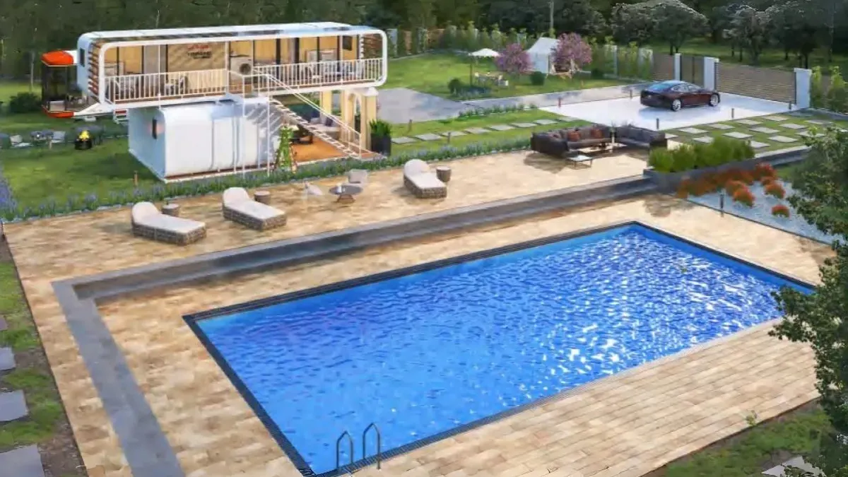 Modular cabin cluster beside a pool setting used to illustrate linen flow and owner storage planning for hospitality cabins