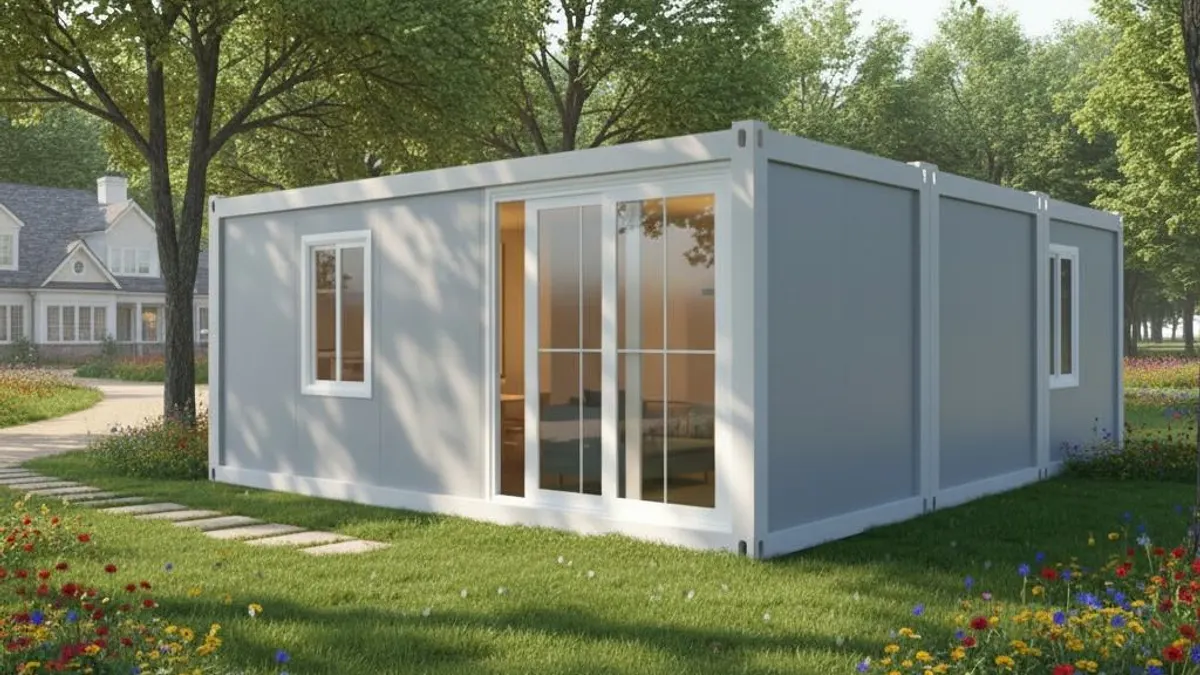 Glass-front modular room beside a garden for dining and break-support planning