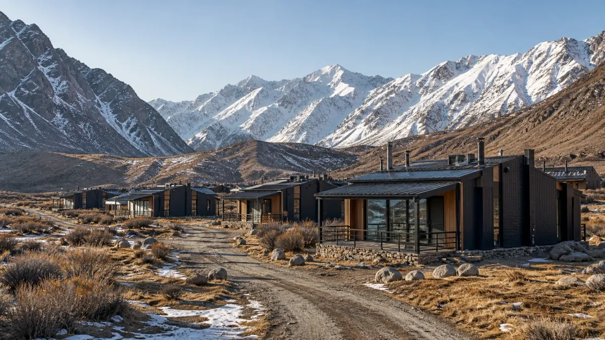Panoramic modular lodge set above a green mountain valley for Central Asia accommodation planning