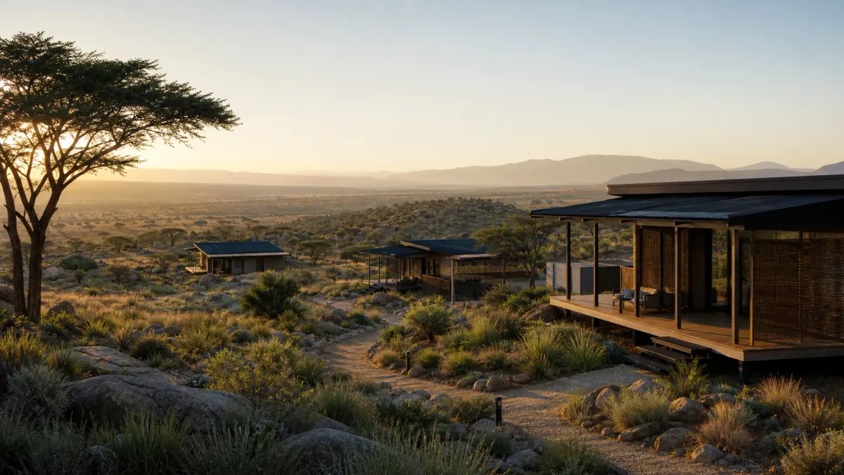 Panoramic modular guest suite positioned beside an open coastal landscape for remote lodging planning