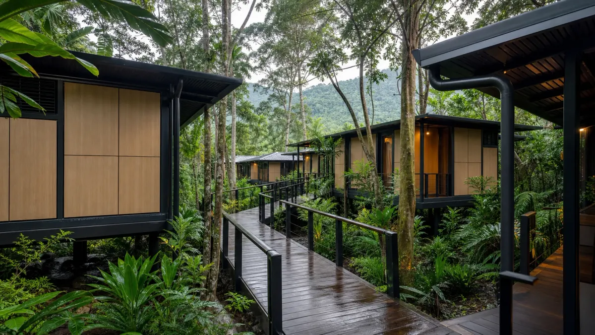 Panoramic modular resort guest room raised within a lush Southeast Asia-style landscape