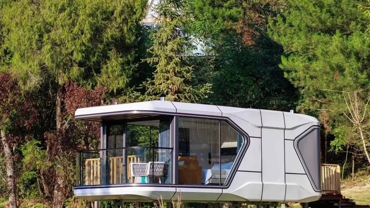 Panoramic mobile space capsule set among trees for site and utility planning