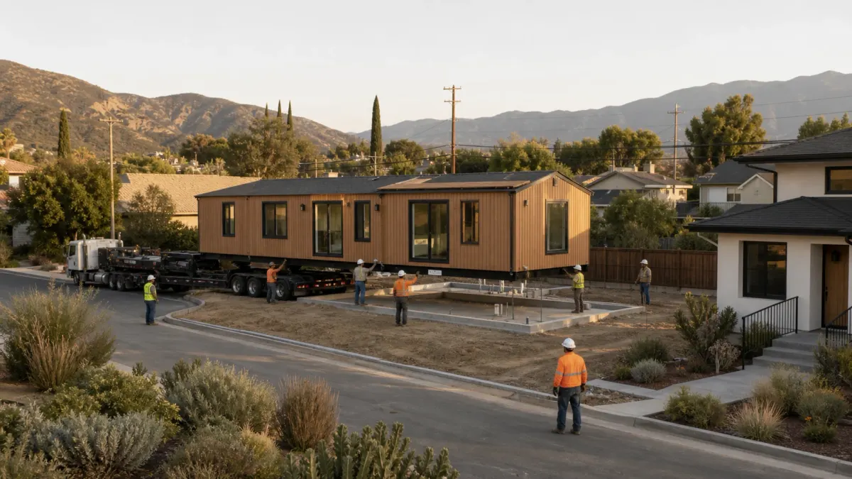 Factory-built home arriving at a prepared lot in a calmly rebuilding Southern California neighborhood