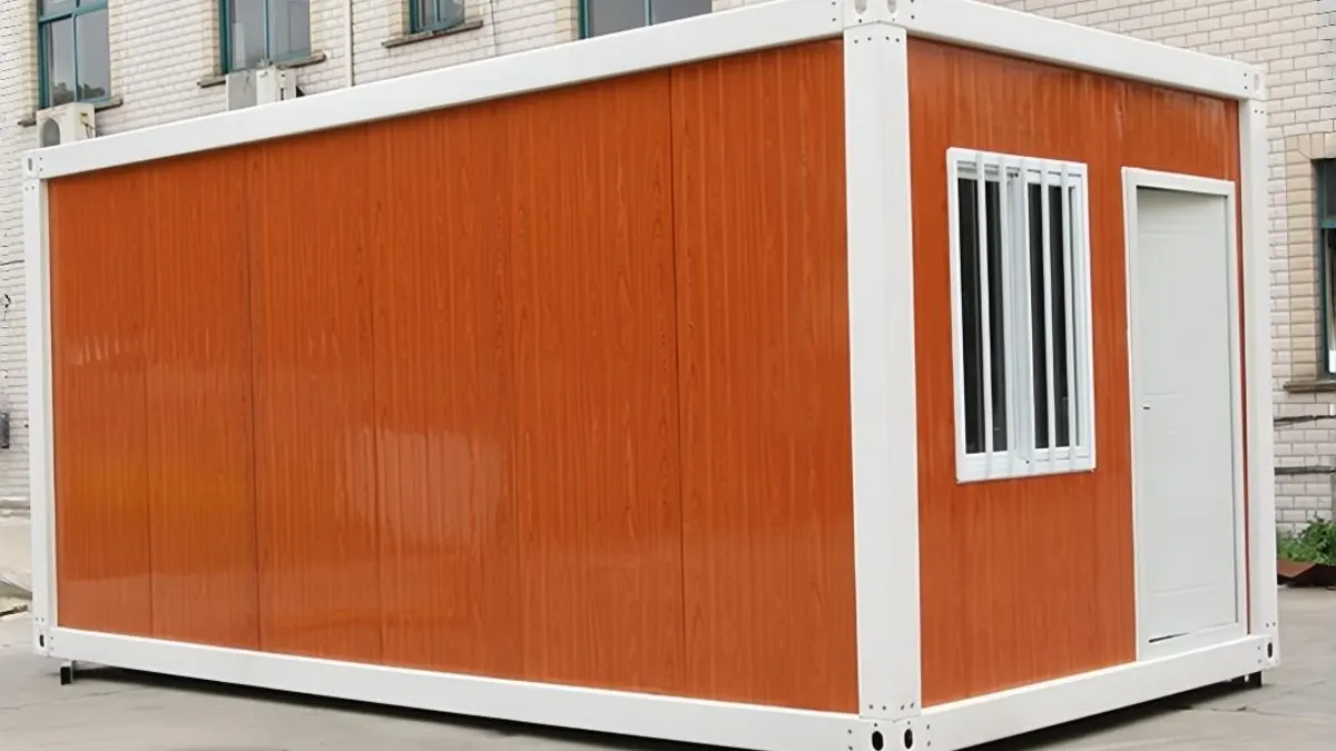 Side-view wood-grain modular building in a landscaped setting for campground replacement planning