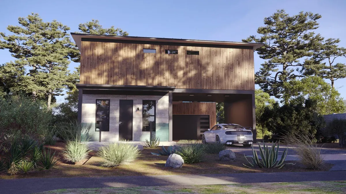 Two-story modular residential buildings in a landscaped site for temporary-to-permanent planning