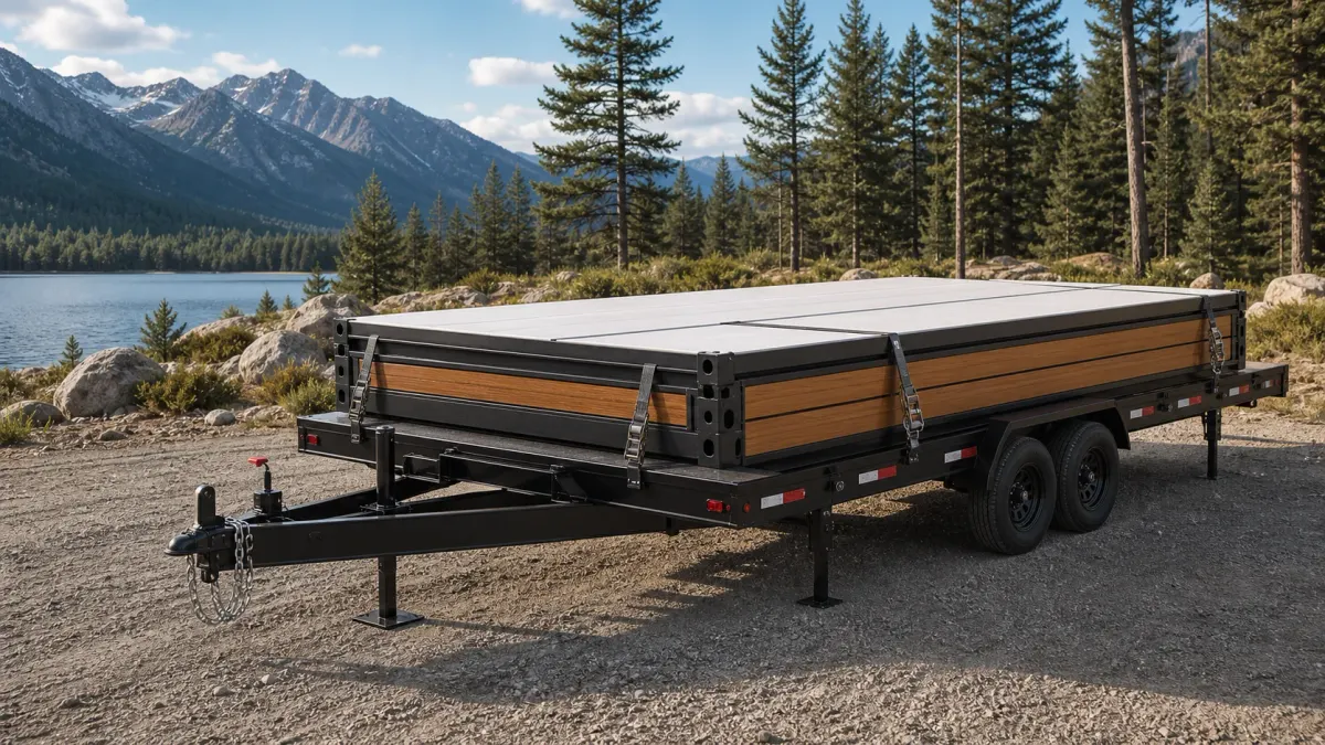 Flat-folded trailer-ready cabin module in a lakeside setting for road-trip planning
