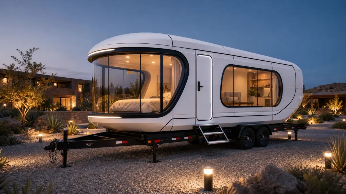 Trailer-ready space capsule cabin at dusk for seasonal outdoor hospitality planning