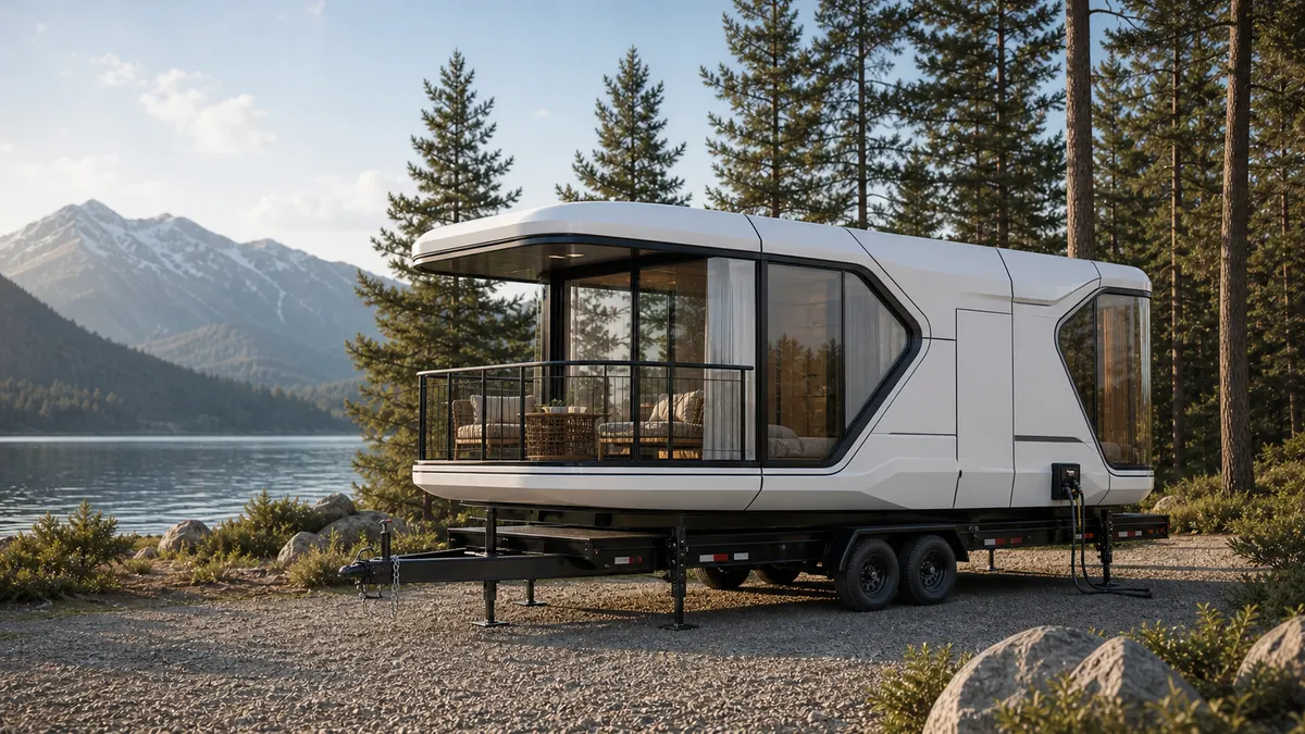 Trailer-ready panoramic cabin beside a mountain lake for modular travel planning