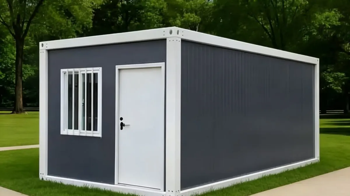Gray detachable office module in a park setting for phased remote-site support planning
