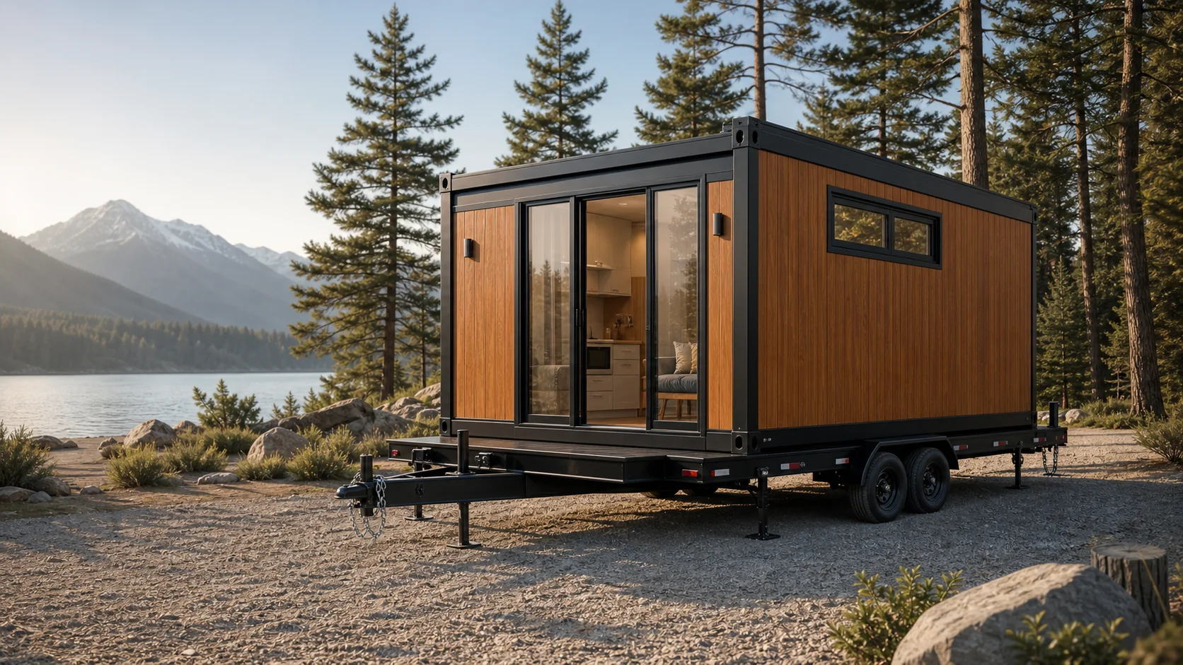 Trailer-ready MK-style container cabin module on a North American flatbed trailer