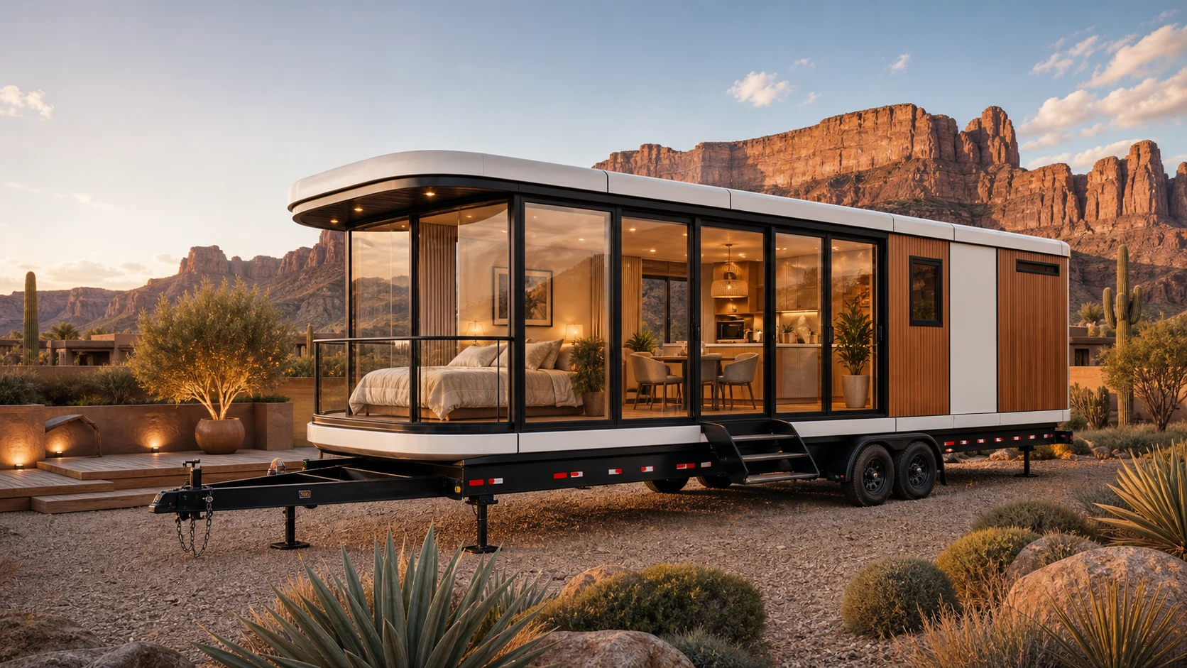 Full-height panoramic glamping suite mounted on a trailer chassis in a desert resort setting