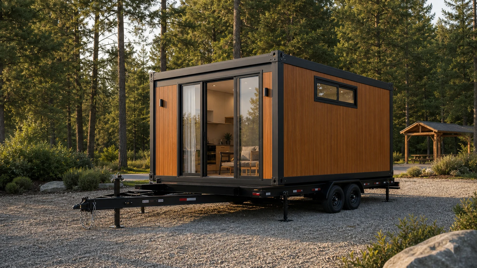 Trailer-ready cabin module for a North America outdoor hospitality project