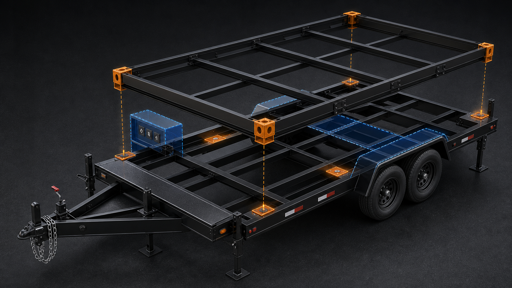Technical rendering of trailer chassis anchor points utility panel and axle clearance zones