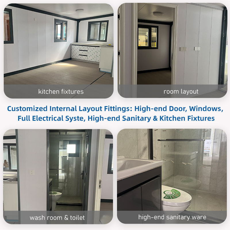 Modular interior arranged around practical living, kitchen, and washroom needs