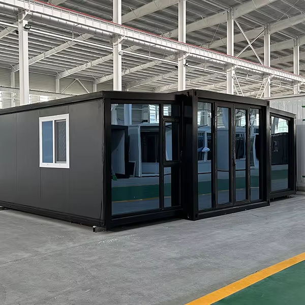 Factory-side exterior view of an MK Mobile House expandable modular cabin